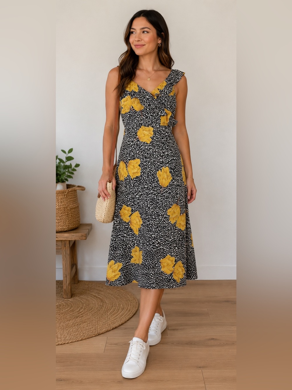 ModCloth one shoulder black Midi Dress with Yellow Floral Accents size 10